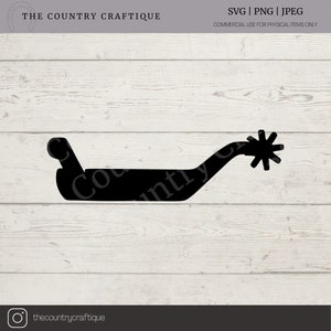 May include: Black silhouette of a cowboy spur with a star-shaped rowel. The spur is a common symbol of the American West and is often used in Western-themed decor.