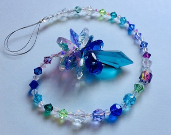 Teal blue and green glass sun catcher,Swarovski Crystal sun catcher,Angel Suncatcher,Rainbow maker, Blue green and purple crystal Suncatcher