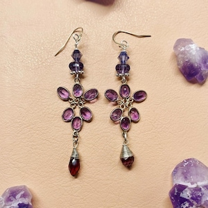 Amethyst Flower earrings, Sterling Silver Amethyst Earrings, OOAK Artisan Gemstone Earrings, Faceted Amethyst Floral shaped earrings