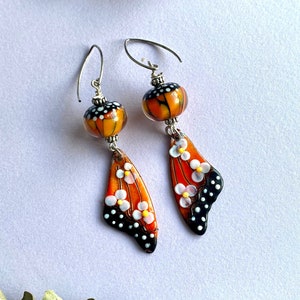 Monarch butterfly earrings, Lampwork glass earrings, artisan enamel earrings, OOAK butterfly wings earrings, Lampwork and enamel earrings
