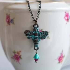 Bee necklace | Patina Verdigris Bee necklace | Honeybee pendant necklace - Antique Bee Necklace | Patina Bee necklace | OOAK necklace