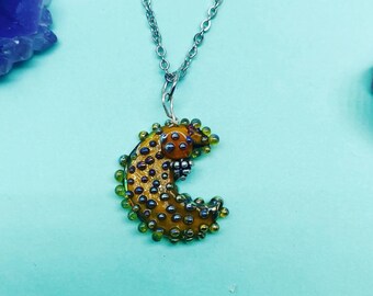 Yellow crescent moon necklace,lampwork glass crescent moon necklace, glass moon necklace, OOAK moon necklace,artisan crescent moon necklace