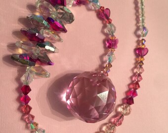 Pink Ombré sun catcher, Pink glass sun catcher, Swarovski Crystal Suncatcher,Pink crystal sun catcher, Butterfly and heart glass Suncatcher