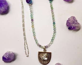 Rainbow fluorite necklace-crystal quartz pendant necklace- beaded necklace- fluorite necklace
