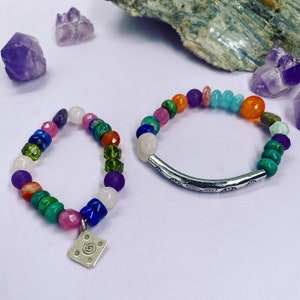 Raw gemstone bracelet, genuine gemstone bracelet, amethyst and turquoise bracelet with sterling silver charm