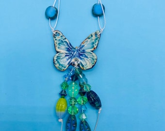 Blue Green butterfly necklace, artisan butterfly necklace, ceramic butterfly necklace, Ooak butterfly necklace, knotted cord beaded necklace