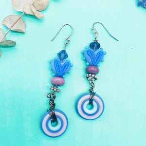 Purple Lampwork earrings, purple Ooak earrings, artisan earrings, lampwork glass earrings, hearts and disc beads, handmade earrings, purple
