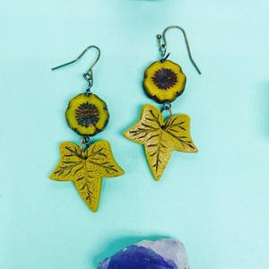 Yellow green floral earrings, Czech glass earrings, artisan Ooak earrings, yellow leaf, yellow leaves earrings