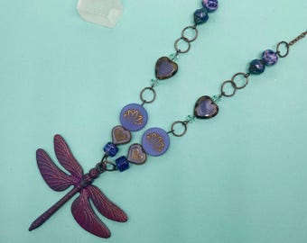 Purple dragonfly necklace, purple Czech glass lotus flower and heart shaped beads, dragonfly necklace, artisan dragonfly necklace