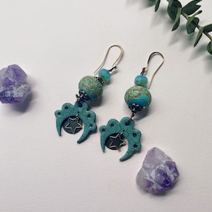 Moon earrings, Lampwork earrings, moon and stars earrings, OOAK earrings, celestial earrings