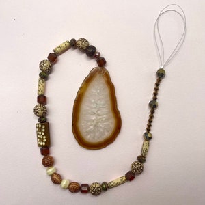 Agate sun catcher, agate slice Suncatcher, organic agate suncatcher, browns and tans, wood beads and agate slice
