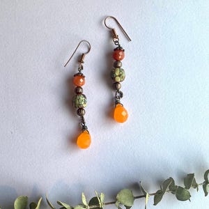 Carnelian gemstone earrings, Lampwork glass earrings, orange earrings, OOAK earrings, artisan gemstone earrings, artisan Lampwork earrings