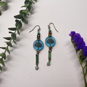Lotus flower earrings, patina earrings, gifts for her, Czech glass earrings