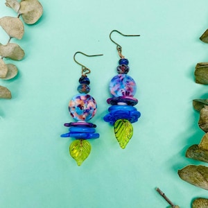 Lampwork glass earrings, Ooak earrings, purple blue and green earrings, floral earrings, artisan earrings, lampwork earrings, gifts for her