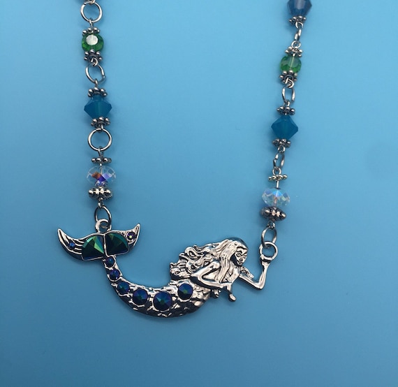 Mermaid necklace OOAK mermaid necklace Silver mermaid necklace  Swarovski Crystals Mermaid pendant necklace Blue green necklace