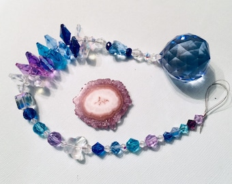 Blue glass sun catcher, Swarovski Crystal sun catcher, Blue Suncatcher, Blue Crystal Suncatcher, Blue and Purple suncatcher