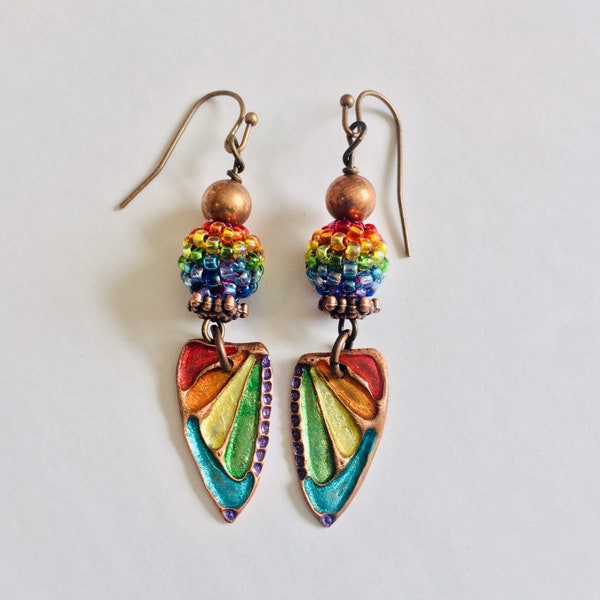 Rainbow earrings, Rainbow Wings Earrings, Copper rainbow earrings, Artisan Rainbow Earrings, enamel earrings- rainbow earrings