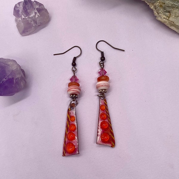 Pink and Orange enamel earrings, Pink and Orange Artisan earrings, Orange OOAK earrings, Enamel and gemstone earrings, Carnelian and enamel