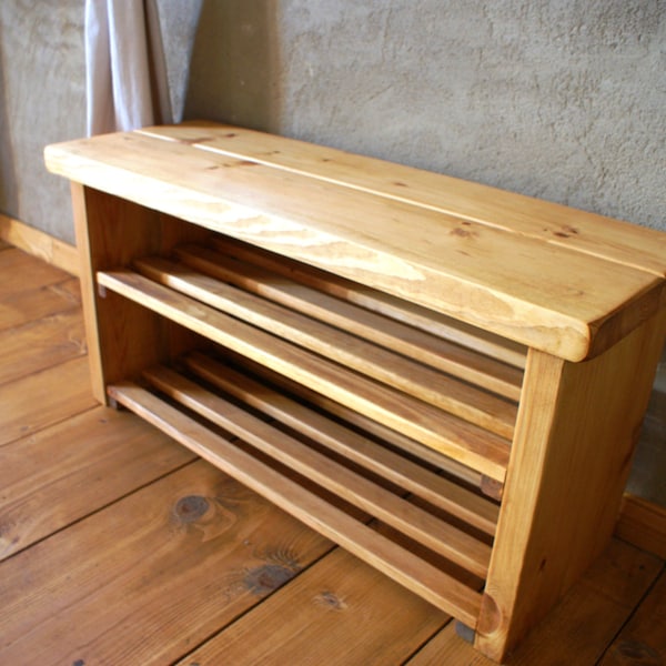 Handmade Shoe Rack Bench To Sit On,Cottage,Pine Solid Wood,Light Oak,Handwaxed