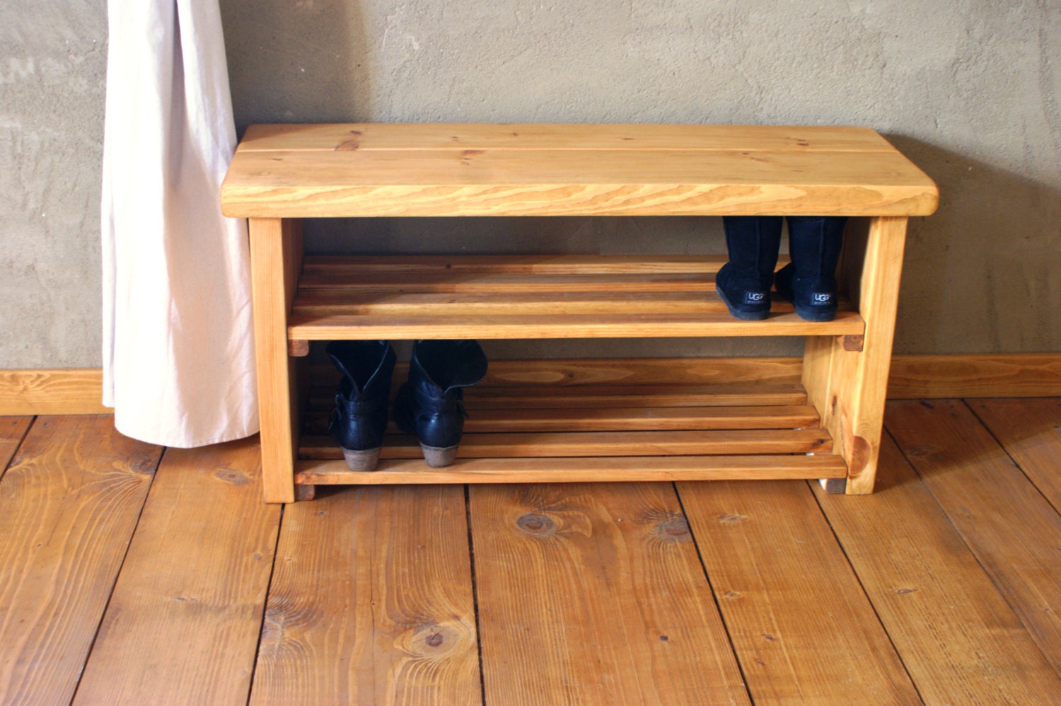 Handmade Shoe Rack Bench to Sit On,cottage,pine Solid Wood,light Oak