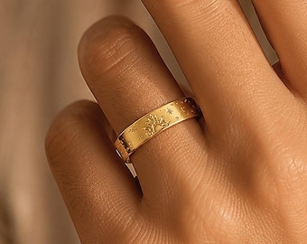 Men’s Solid Gold Sun Star Celestial Ring, Matte Wide Comfort Fit Band, Vintage Etched Starburst Wedding Band, Unique Gift for Husband Fiancé
