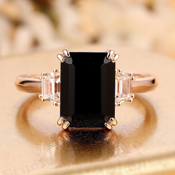 Silver Rose Gold Plated Ring,8x11mm Emerald Cut  Black Onyx Engagement Female Ring,Vintage Anniversary Ring,Gemstone Ring,Double Prongs Ring