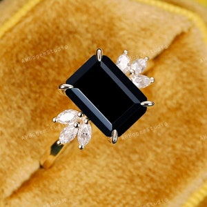 4ct Black Onyx Engagement Ring Emerald Cut 14K Rose Gold Engagement Ring Cluster Ring Moissanite Bridal Ring Promise Ring Anniversary Gift