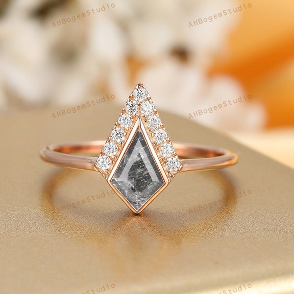 Kite Cut Galaxy Raw Salt and Pepper Diamond Engagement Female Ring, Moissanite Wedding Ring, Bezel Set Ring, Solid Rose Gold Ring, Gift Ring