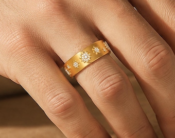 Vintage Embossed Floral Mens Solid Gold Ring, Wide Comfort‑Fit Band With Scattered Moissanite, Unique Groom Wedding & Promise Ring