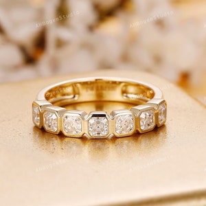 Bezel Set Moissanite Band, Asscher Cut Moissanite Half Eternity Wedding Ring, Solid 14K Gold Ring, Stackable Ring, Vintage Anniversary Ring