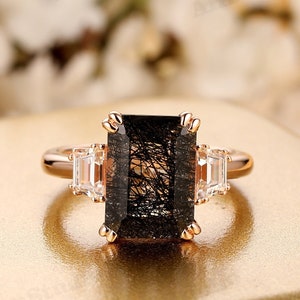 Double Prongs Set Ring,8x11mm Emerald Cut  Black Rutilated Quartz Ring,Art Deco Engagement Anniversary Ring,Unique Handmade Gemstone Ring