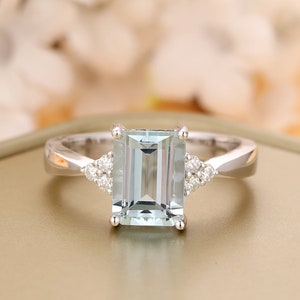 Brilliant 6x8mm Emerald Cut Natural Fancy Aquamarine Engagement Ring,14K Solid Gold Fantacy Brilliant Gemstone Ring For Women Fine Jewelry