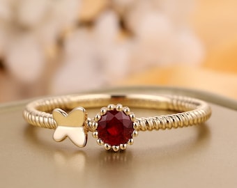 0.30 Carat Natural Round Ruby,14K Yellow Gold Female Ring,Vintage Red Gem Engagement Ring,Anniversary Ring,Retro Butterfly Art Deco Ring