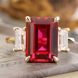 Ädelstensring, 8 x 11 mm smaragdslipad rubin förlovningsring, retro jubileumsring, personlig handgjord present till kvinnor, 14K gult guldring