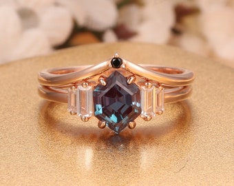 Gemstone Bridal Set,Hexagon Cut 6x8mm Alexandrite Engagement Ring,Wedding Ring Set,2pcs Rings,Promise Bridal Ring,Stackable Ring,Custom Ring