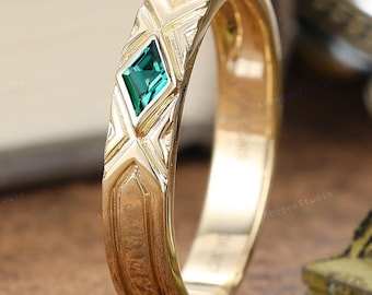 Retro Emerald Mens Wedding Band Mens 10k/14k/18k Solid Gold Ring Matching Stackable Ring Handmade Custom Anniversary Gift For Men