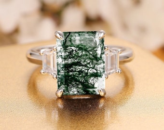 4ct Moss Agate Engagement Ring,Solid 14K Gold Emerald Cut Moss Agate Wedding Ring,Prong Set Ring,Green Gemstone Ring,Anniversary Gift Ring