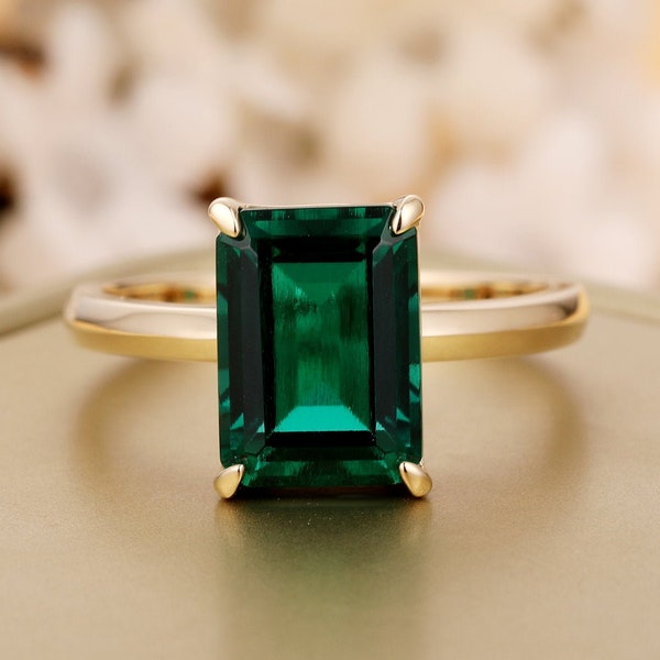 Solitaire ring, massief 14K goud briljant 8x11mm Lab gemaakt Emerald Center verlovingsring, minimalistische stijl jubileumring, belofte ring