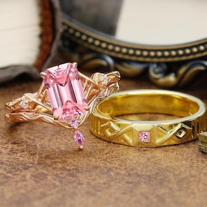 Pink Sapphire Couples Ring Set Yellow Gold Wedding Ring Emerald Cut Pink Sapphire Engagement  Promise Rings Gift For Men For Women