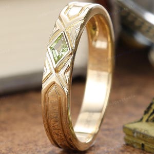 Vintage Peridot Mens Wedding Band Mens Solid Gold Ring Matching Promise Ring Handmade Custom Anniversary Jewelry Ring For Men