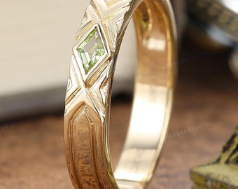 Vintage Peridot Mens Wedding Band Mens Solid Gold Ring Matching Promise Ring Handmade Custom Anniversary Jewelry Ring For Men