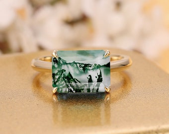 East West Ring,Solitaire 8x11mm Emerald Cut Natural Moss Agate Engagement Female Ring,Green Gemstone Wedding Ring,Plain Band,Custom Ring