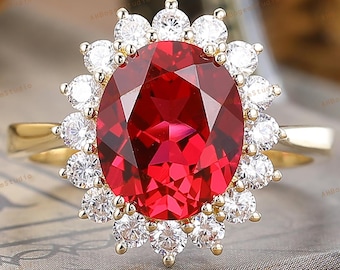 July Birthstone Ring,9x11mm Oval Cut Lab Created Ruby Anniversary Engagement Ring,Diana Ring,Solid Yellow Gold Ring,Halo Ring,Gift For Women