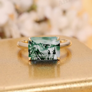 East West Ring,Solitaire 8x11mm Emerald Cut Natural Moss Agate Engagement Female Ring,Green Gemstone Wedding Ring,Plain Band,Custom Ring