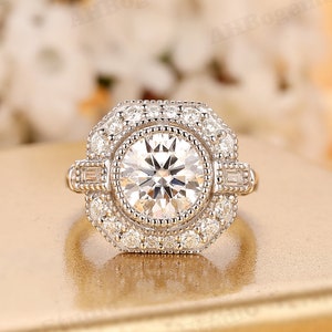 Art Deco Style 8mm Round Cut Brilliant Moissanite Female Engagement Ring,14K Solid White Gold Bezel Design Anniversary Ring,Wedding Ring