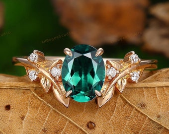 Art Deco Oval Cut Emerald Engagement Ring,Emerald Wedding Promise Ring,Gift For Her,Leaf Ring,Daily Womens Ring,Anniversary Gift