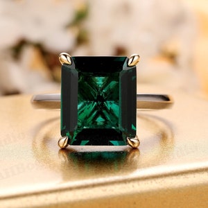 Vintage Emerald Ring,Solid 14K Two Tone Gold 7CT Lab Created Emerald Engagement Ring,Minimalist Style Solitaire Ring,Anniversary Gift