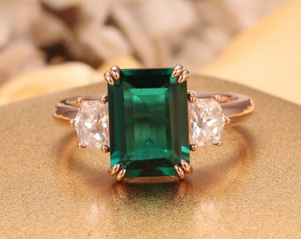Antique Emerald Ring,8x11mm Emerald Cut Lab Created Emerald Center,May Birthstone Wedding Ring,Anniversary Gift For Women,Custom Ring