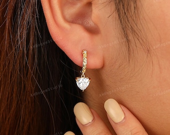 Trilliant Cut Moissanite Hoop Earrings Solid Yellow Gold Moissanite Dangle Earrings Bridal Wedding Leverback Drop Earrings Gift for her