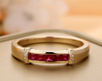 0.445CTW Natural Ruby Ring,14K Solid Gold Female Ring,Channel Set Engagement Ring,Wedding Band,Anniversary Ring,Delicate Gem Ring